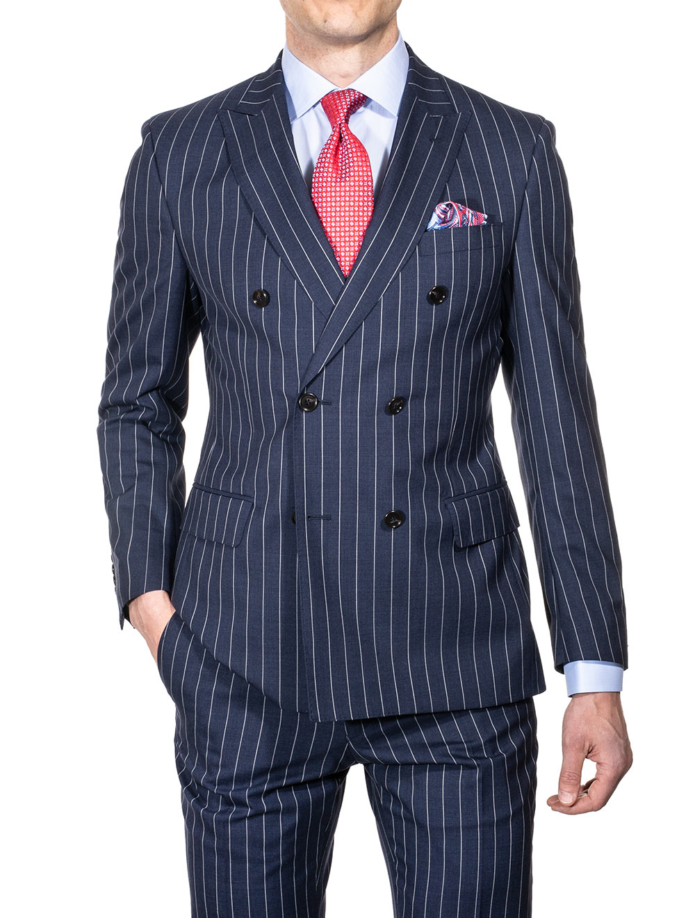 Mens navy pinstripe shop double breasted suit