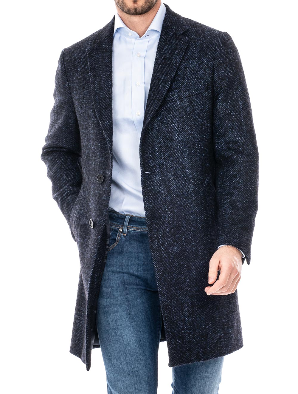 Louis Copeland Blue Herringbone Overcoat Blue Men s Winter Layers Now Available in Louis Copeland Sons