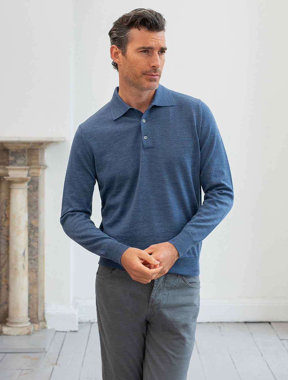 Louis Copeland Merino Long Sleeve Polo Blue AI1