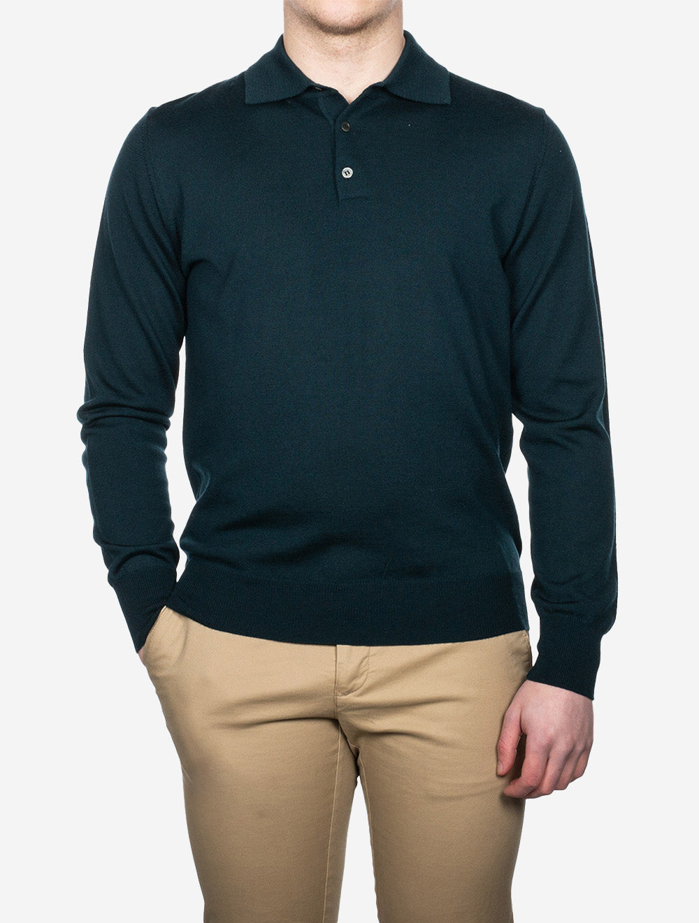 Louis Copeland Merino Long Sleeve Polo Green AI2