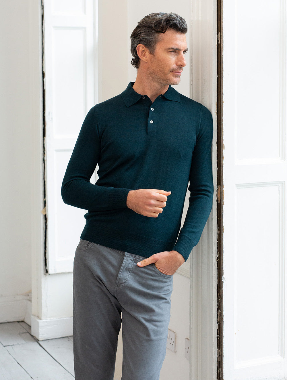 Louis Copeland Merino Long Sleeve Polo Green AI1