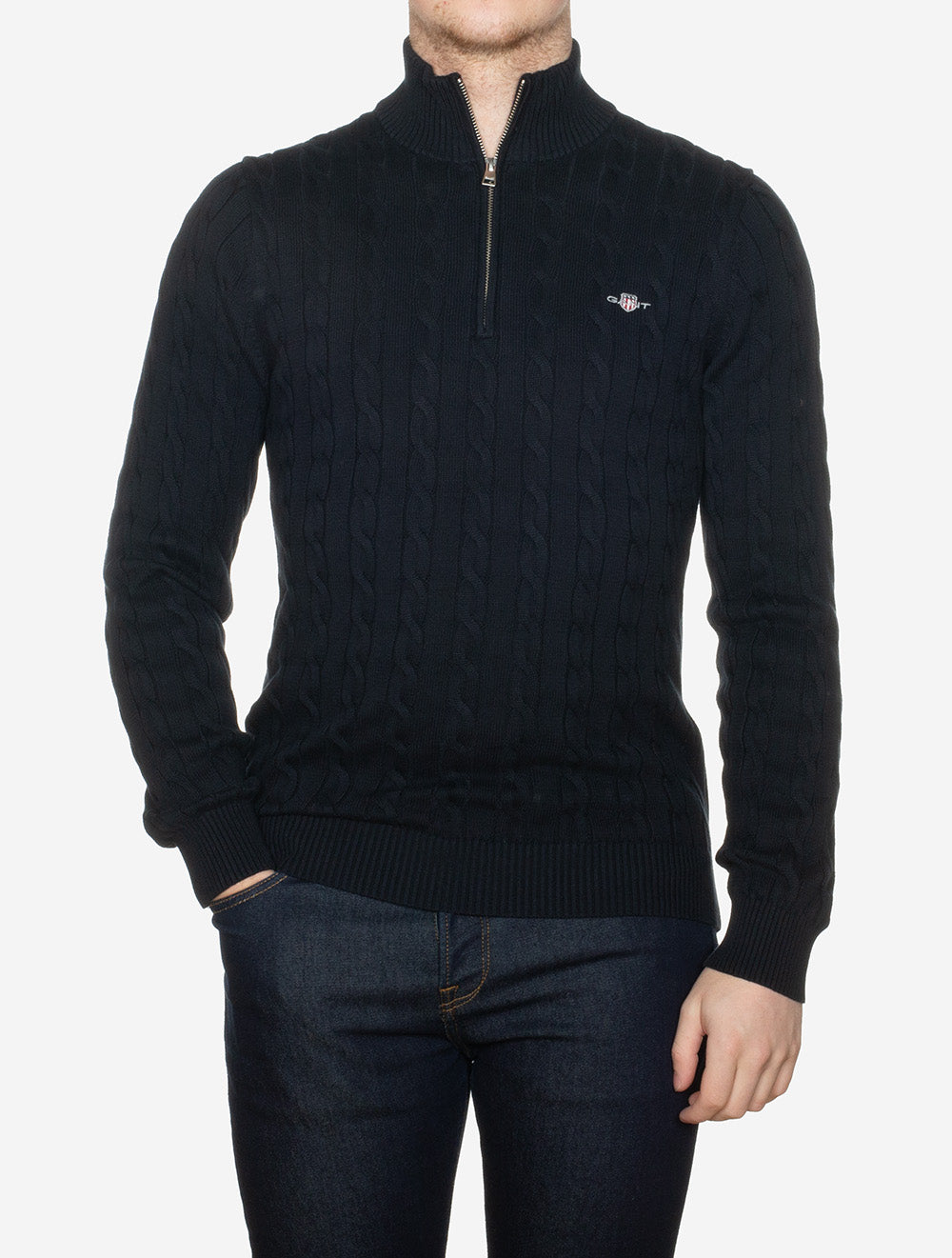 Cotton Cable Knit Half-Zip Sweater Evening Blue