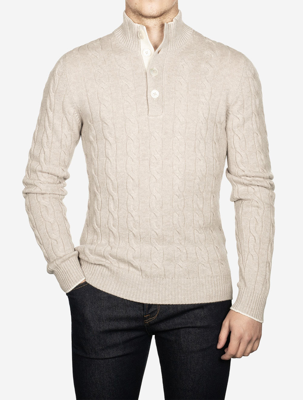 Gran Sasso Mock Cable Knit Button Up Stone AI1