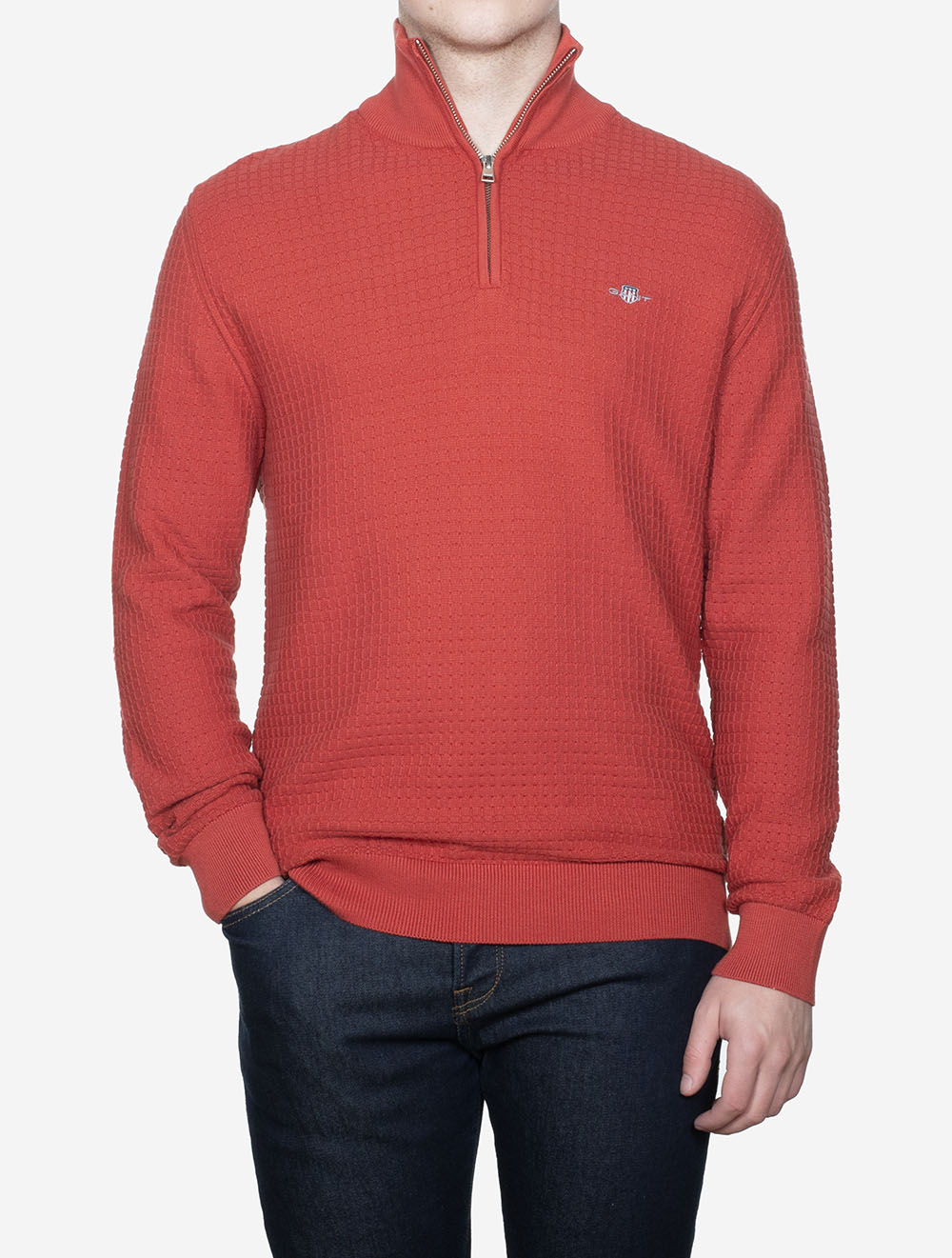 Textured Cotton Half-Zip Sweater Brick Red