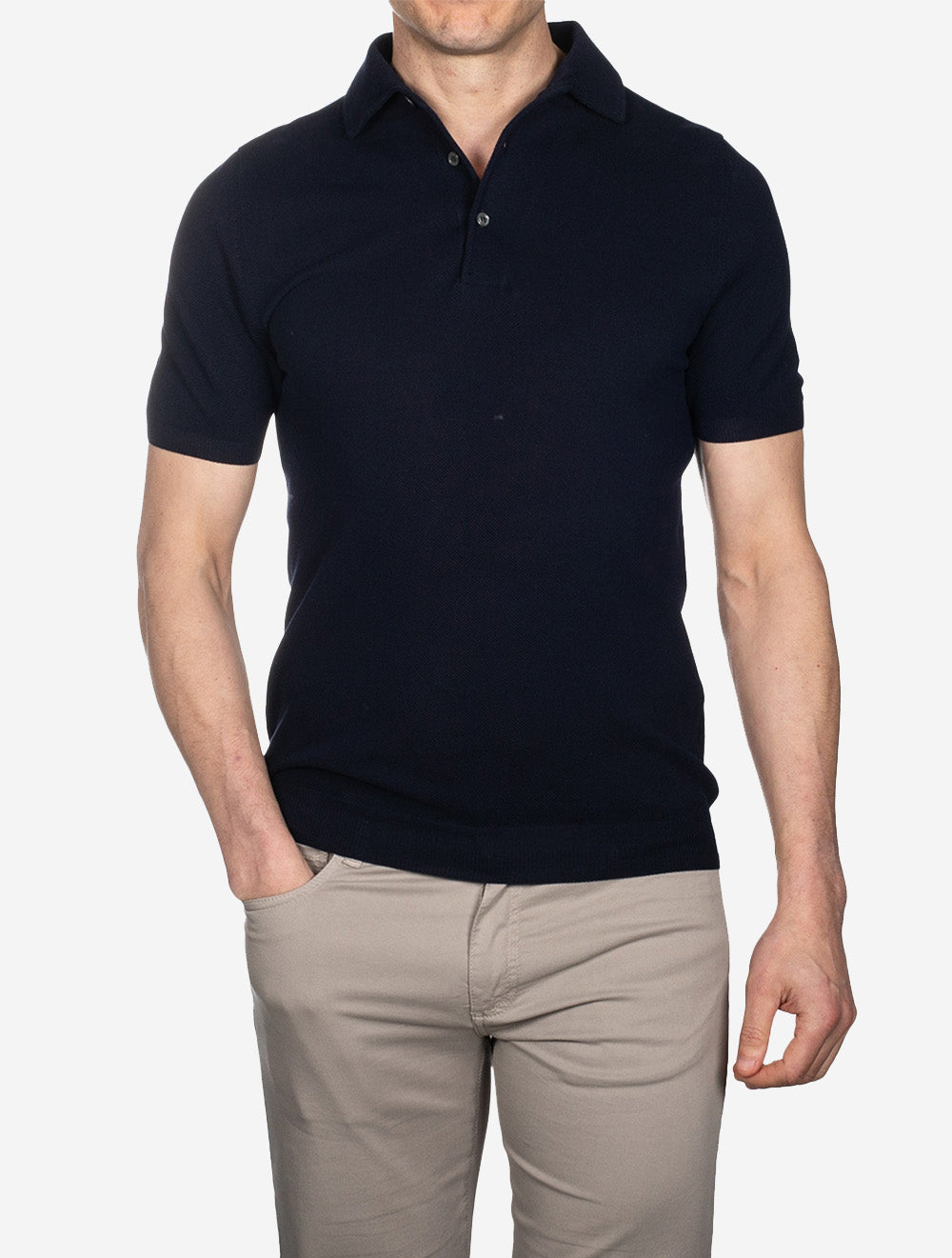 Weave Kurzarm-Poloshirt mit 3 Knöpfen, Marineblau