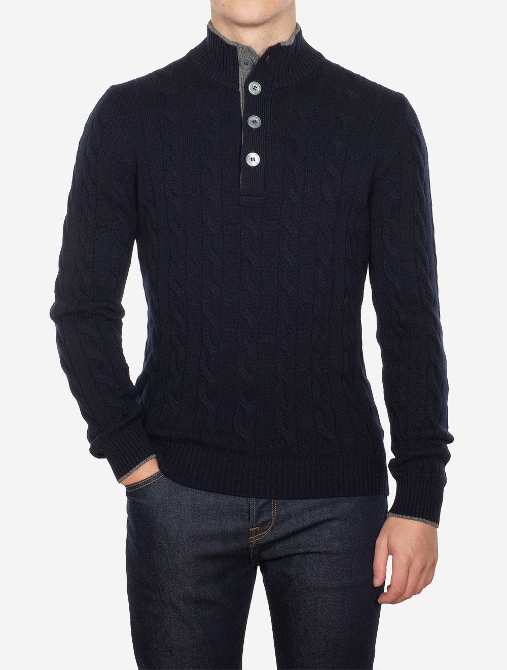 Gran Sasso Cable Knit Mock Navy AI2