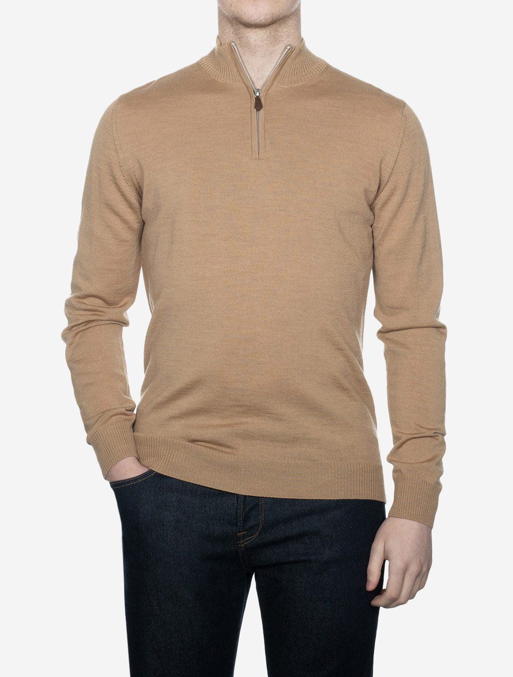 Tan Half Zip Merino Wool Jumper