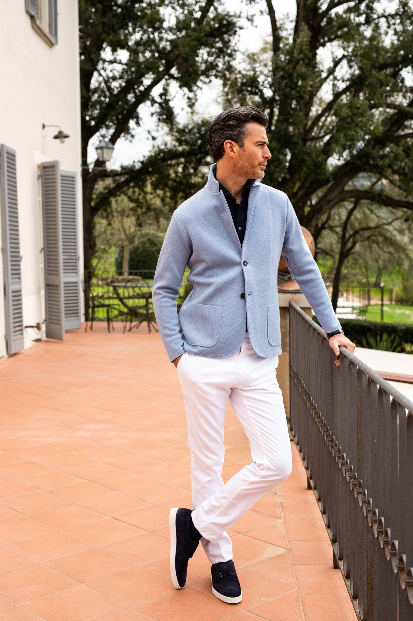 blue swacket, navy shirt, white trouser, navy suede loafer