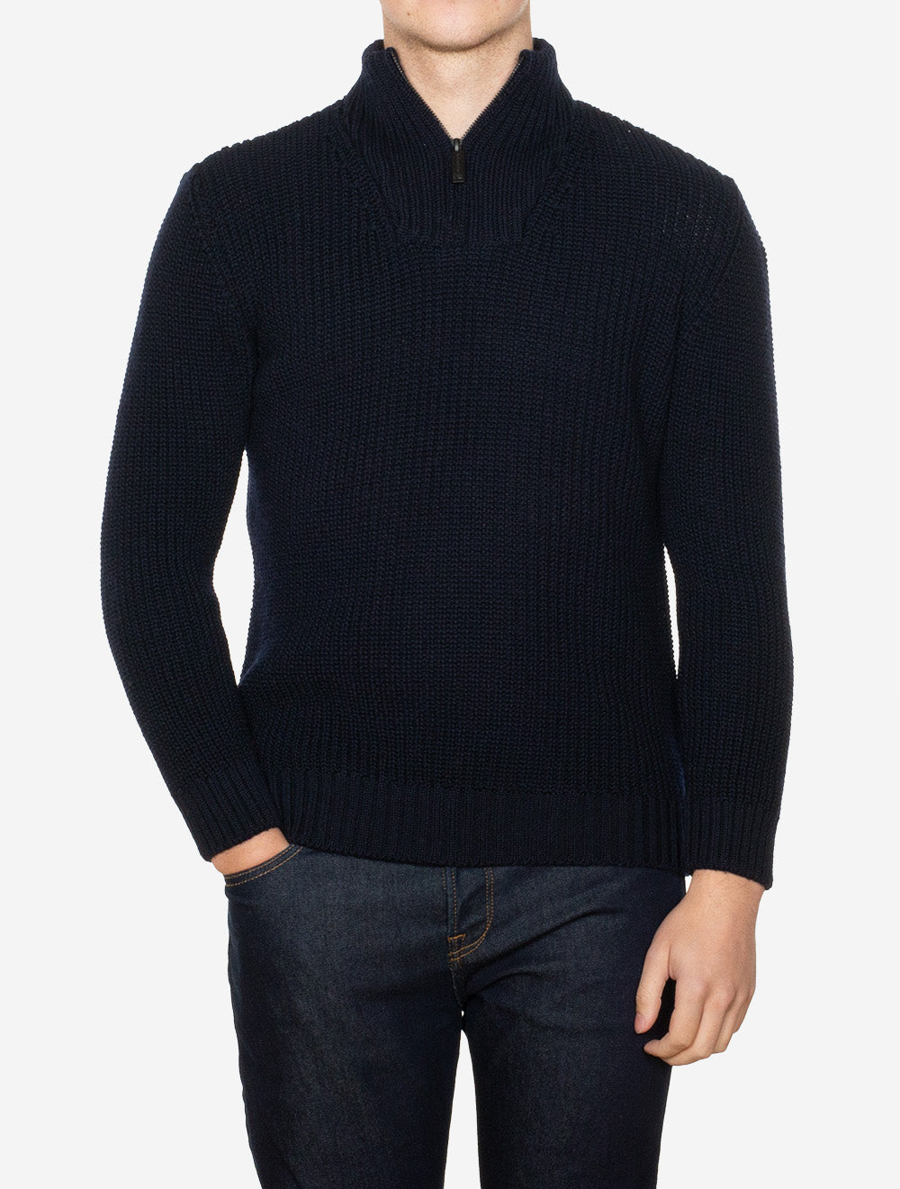 Reefer Ribbed Zip Neck Sweater Navy