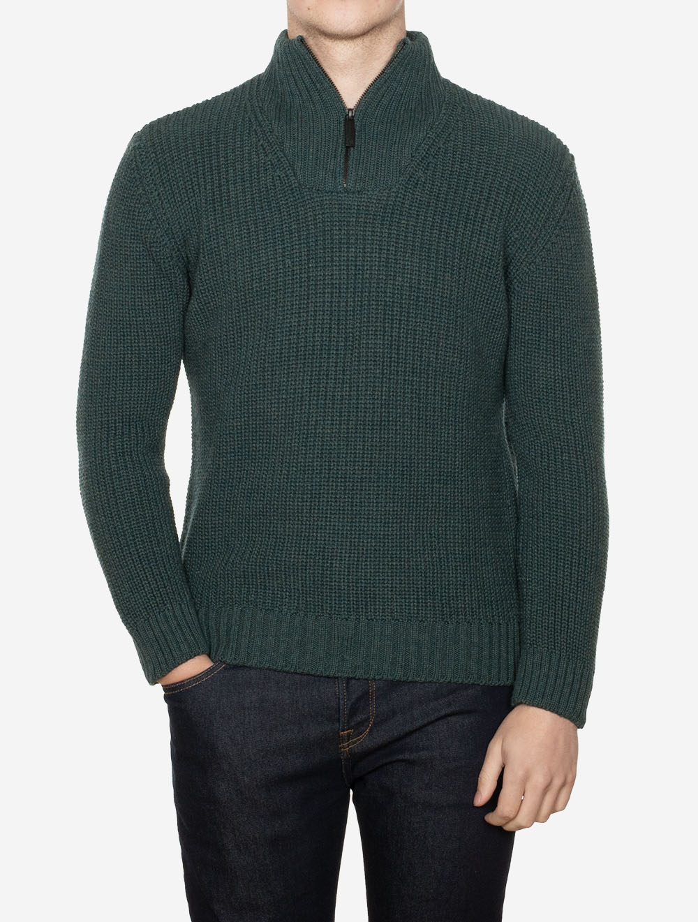 Reefer Ribbed Zip Neck Sweater Green