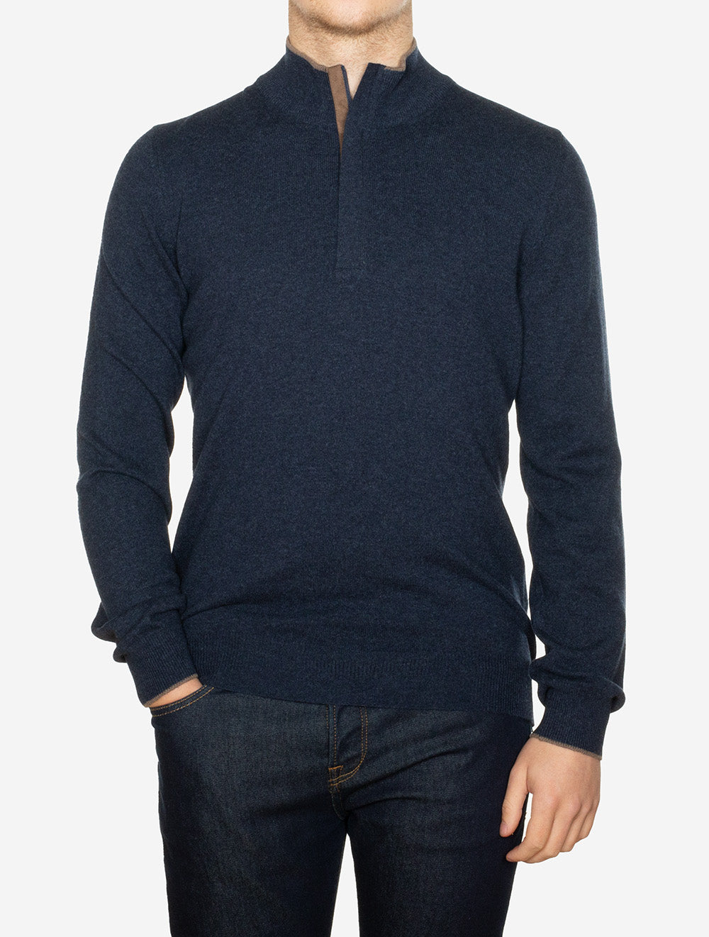 Gran Sasso Mock Zip Alcantara Knitwear Navy AI1