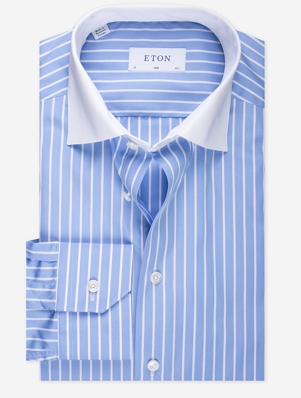 Eton Slim Contrast Collar Stripe Shirt Blue MI