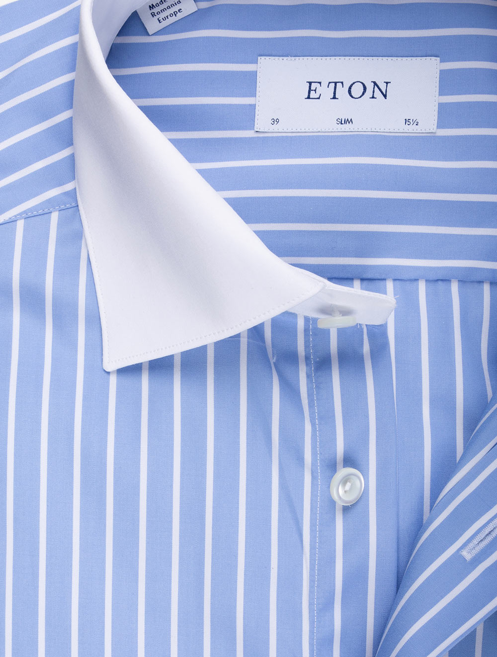 Eton Slim Contrast Collar Stripe Shirt Blue AI2