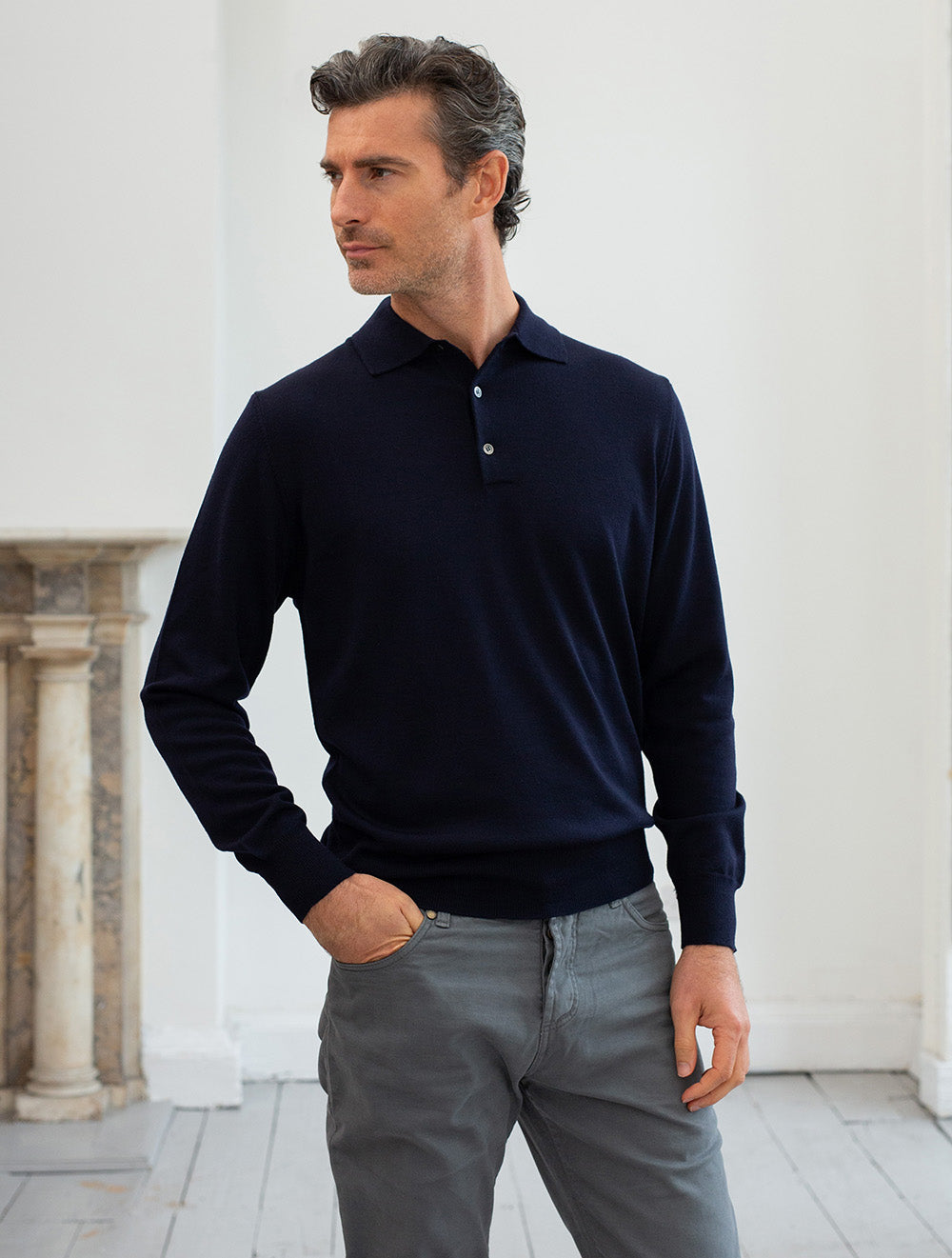 Louis Copeland Merino Long Sleeve Polo Navy AI1