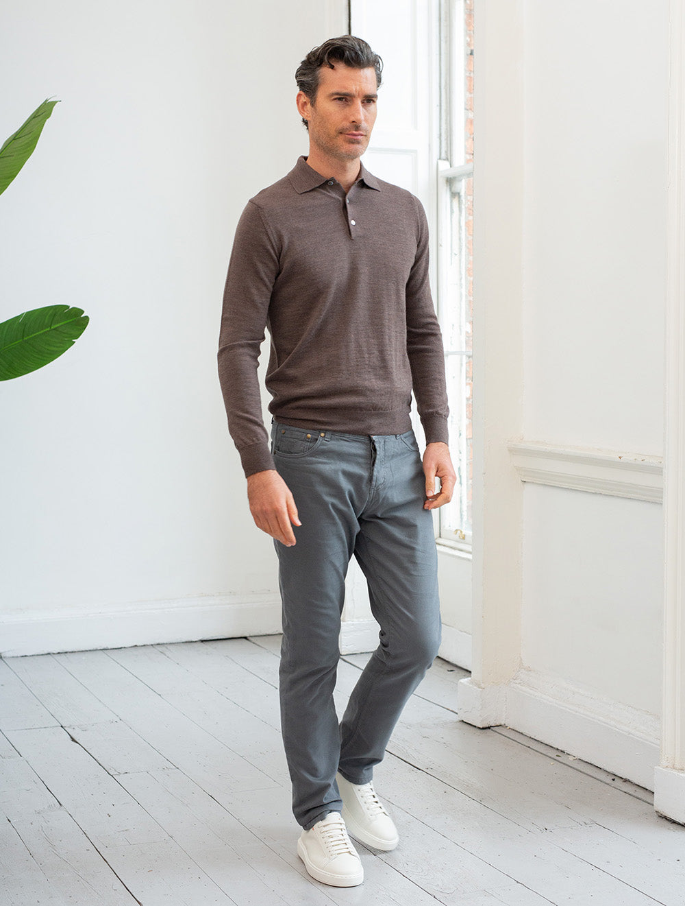 Merino Long Sleeve Polo Brown