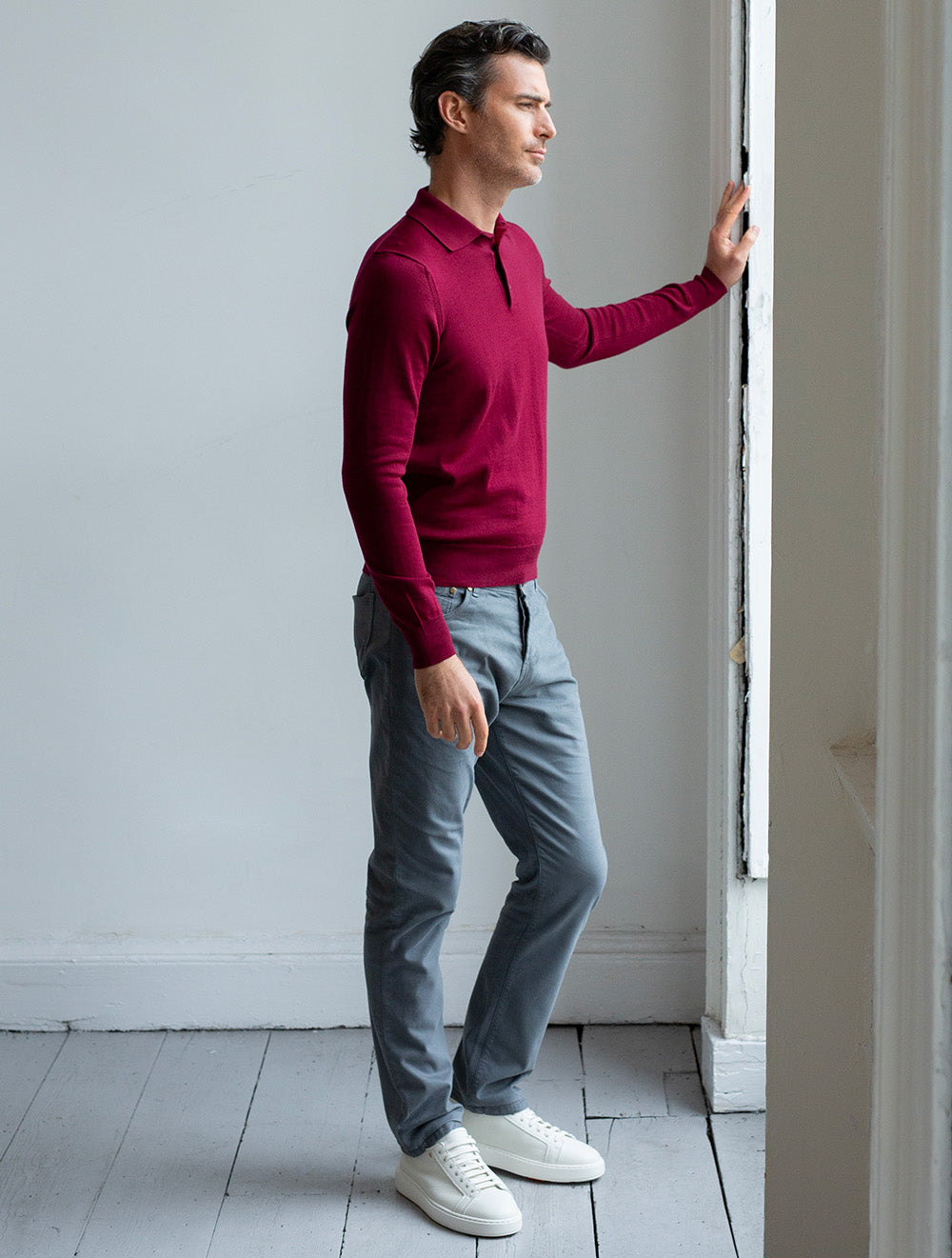 Louis Copeland Merino Long Sleeve Polo Bordeaux AI1