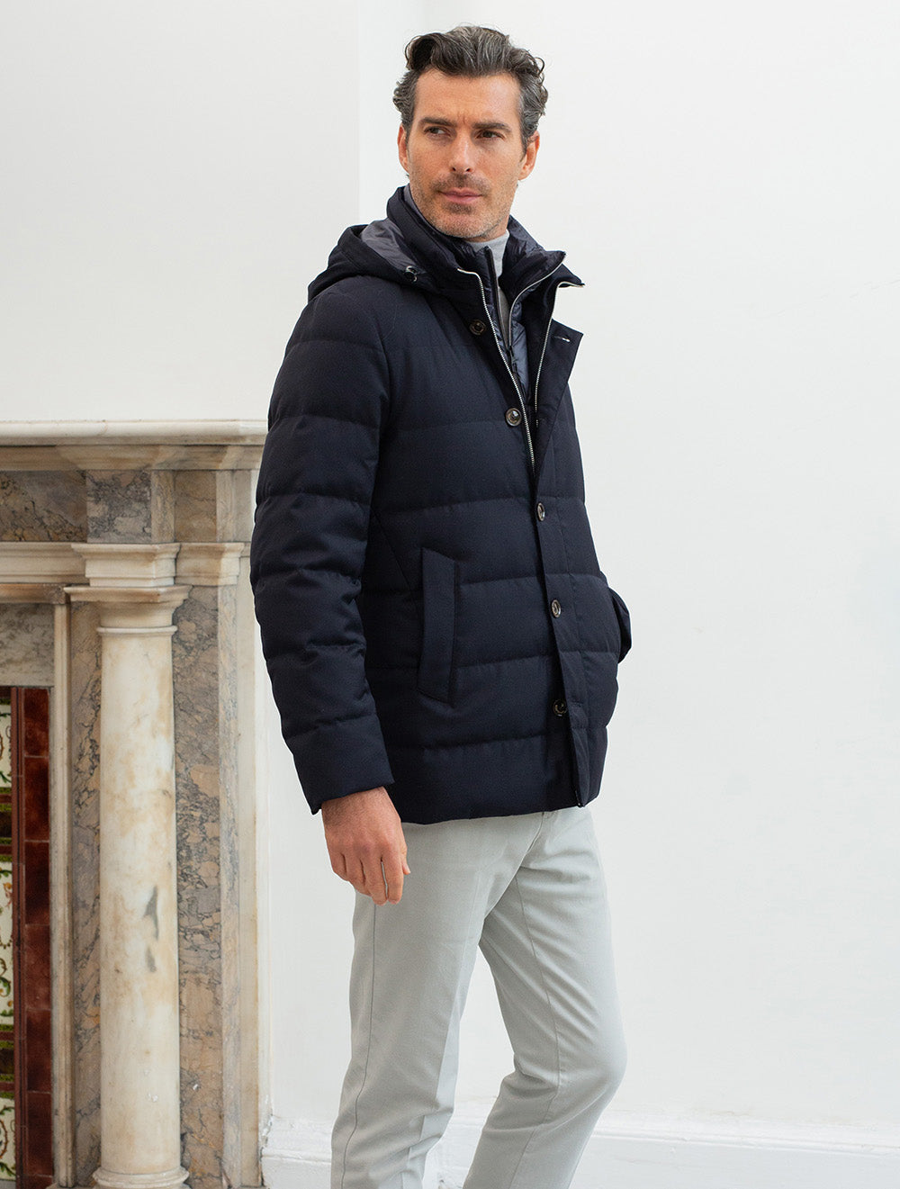 Padded Down Jacket With Hood Navy