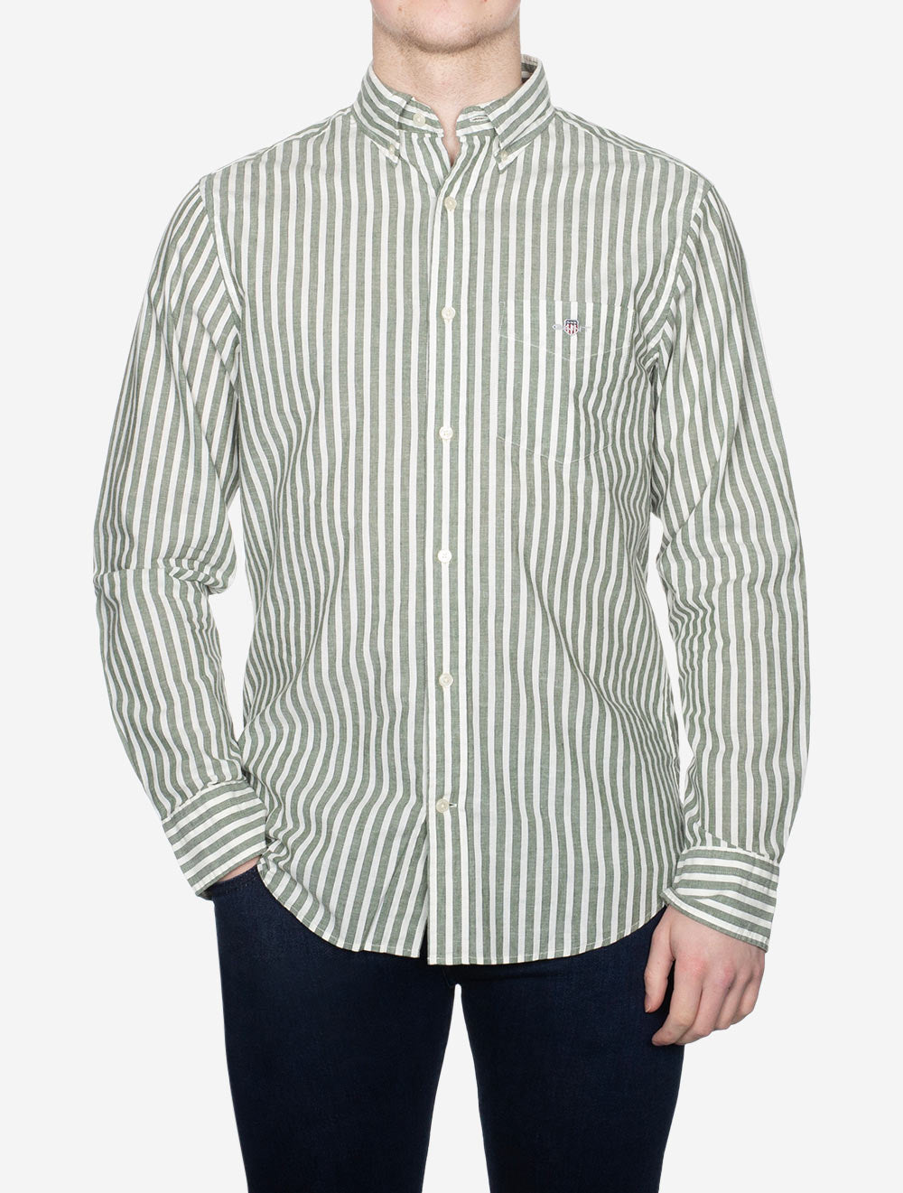 Regular Cotton Linen Stripe Shirt Pine Green