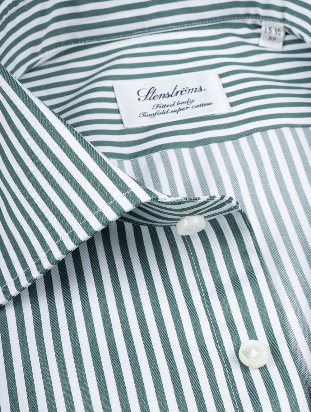 Stenstroms Green Stripe Cotton Fitted Body Shirt AI2