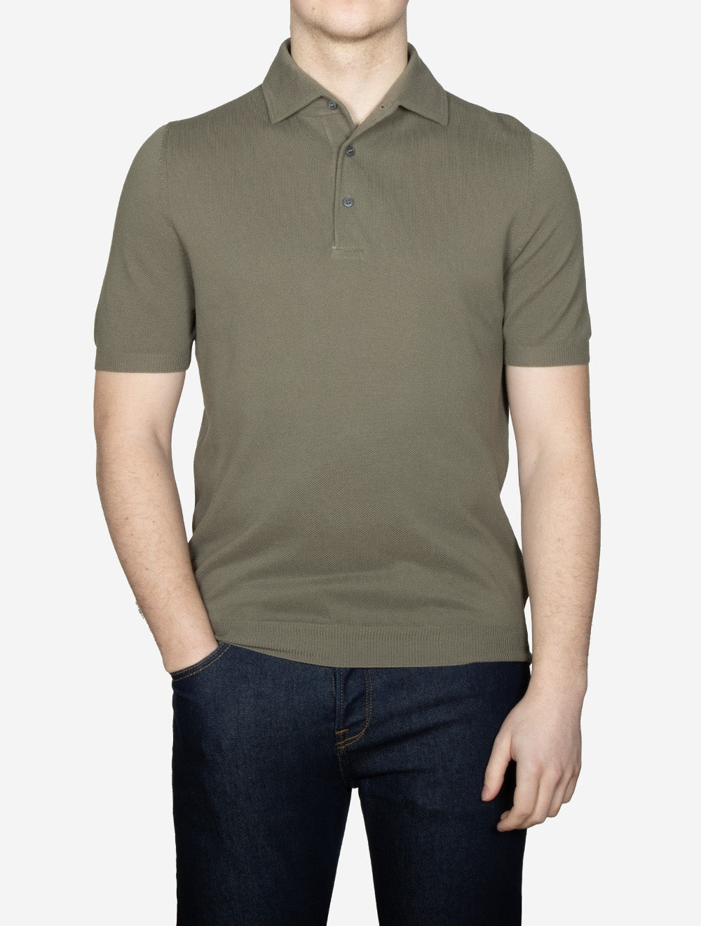 Weave Short Sleeve 3 Button Polo Green