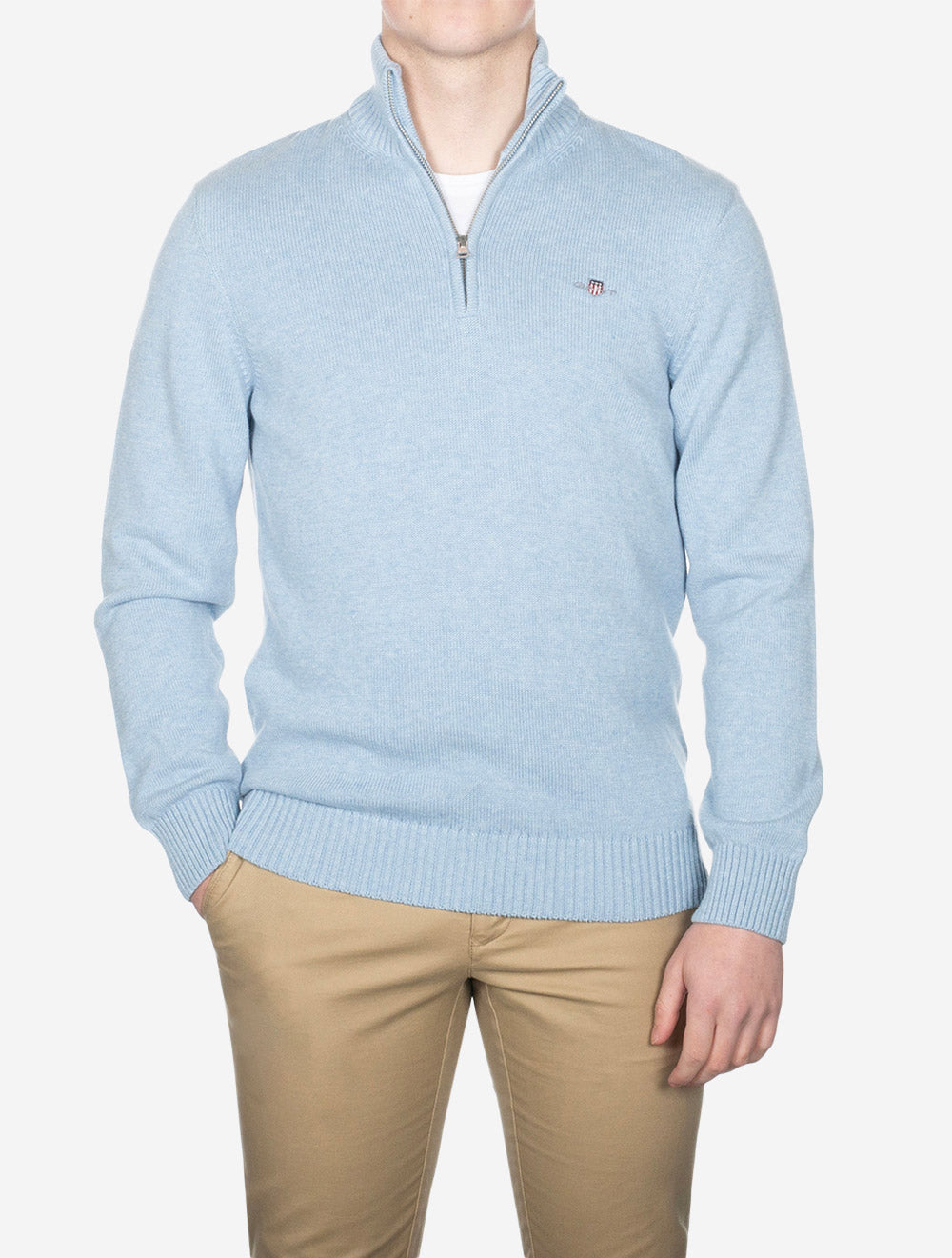 Casual Cotton Half Zip Light Blue Melange