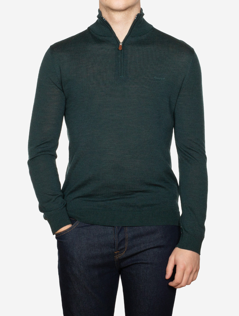 Gant Extra Fine Merino Wool Half Zip Tartan Green AI1