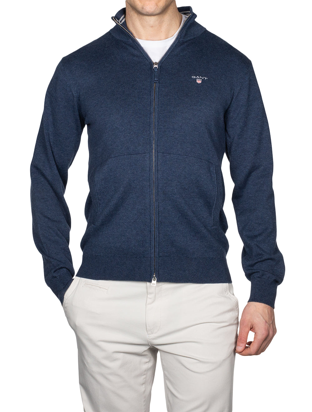 Gant Classic Cotton Zip Cardigan Dark Jeansblue Melange AI1