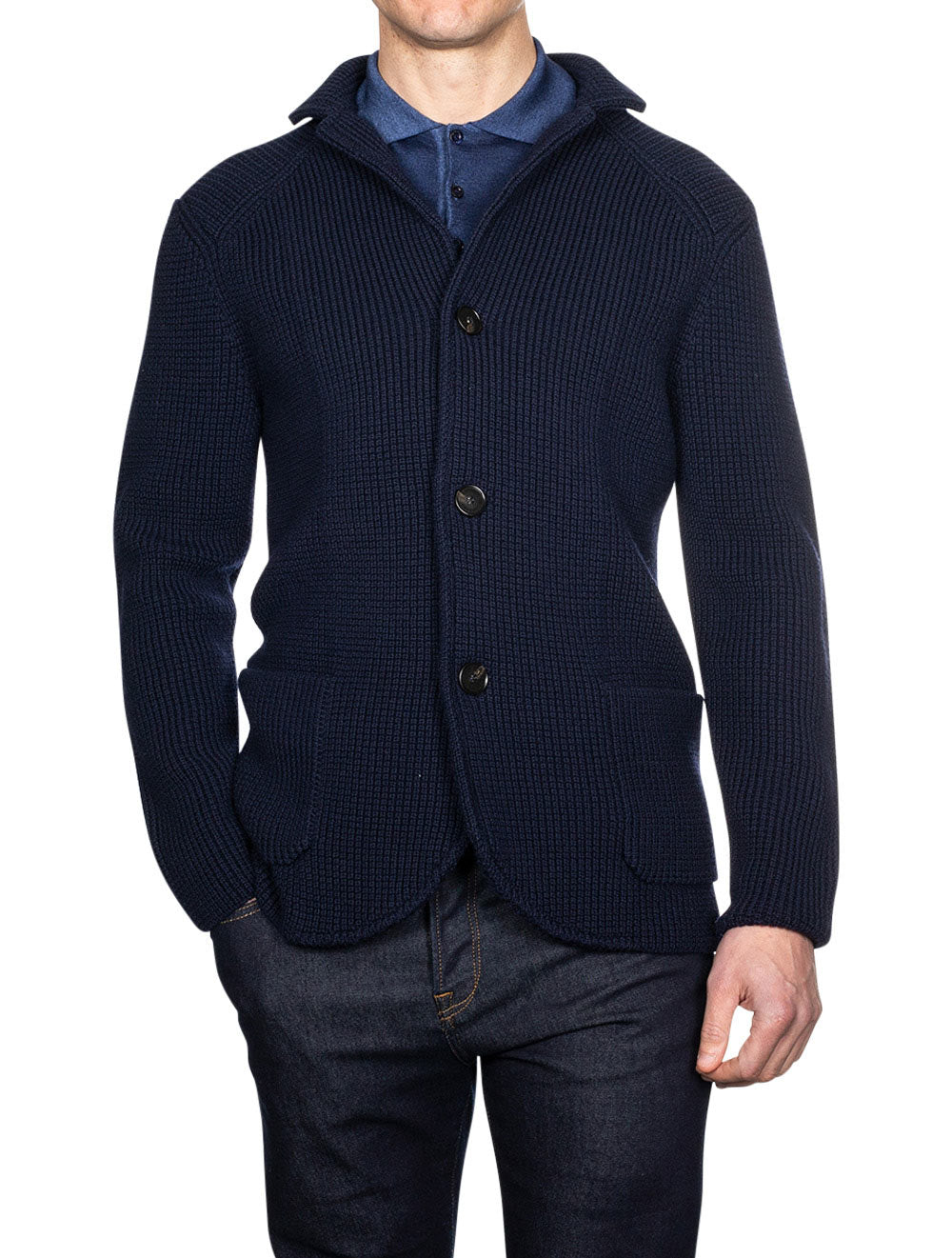 Maurizio Baldassari Cob Stitch Brenta Swacket Navy 3 Button Patch Pocket Cardigan 2