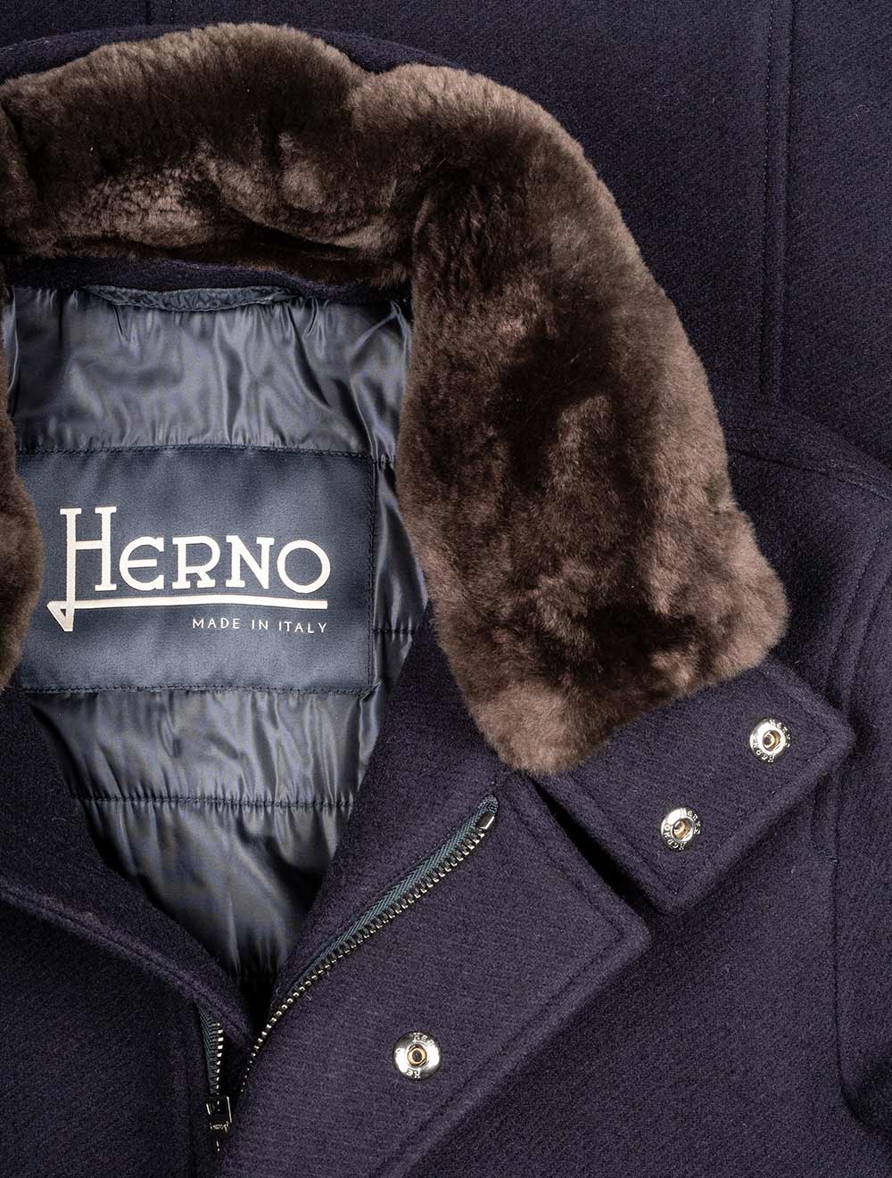 Herno Beaver Fur Collar Car Coat Navy AI1