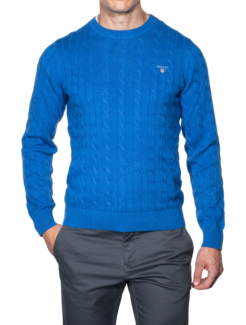 Gant Cotton Cable Crew Neck Jumper Strong Blue Melange MI