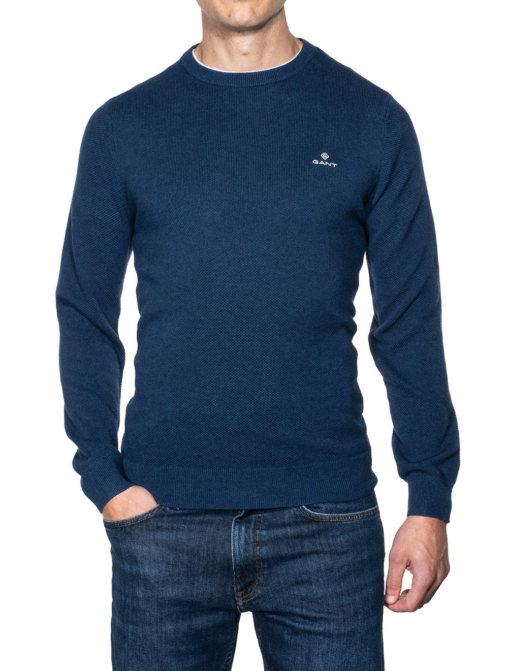 Gant Cotton Pique Crewneck Marine Melange AI1