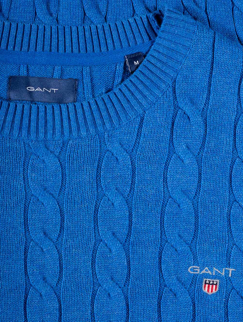 Gant Cotton Cable Crew Neck Jumper Strong Blue Melange AI2