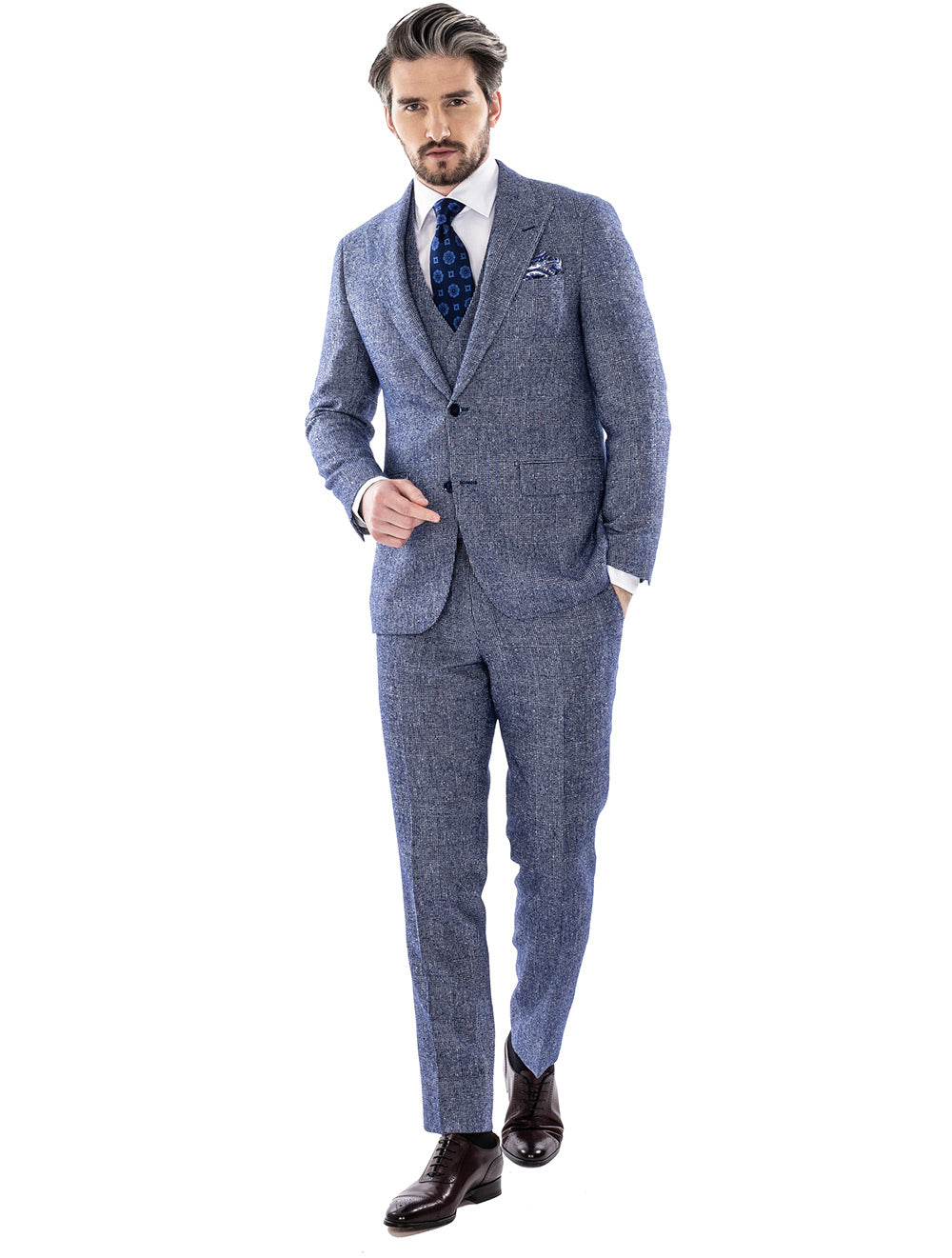 Louis Copeland Blue Plaid Check Slim Fit Three Piece Suit Blue MI