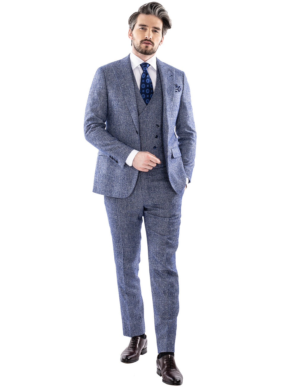 Louis Copeland Blue Plaid Check Slim Fit Three Piece Suit Blue AI1