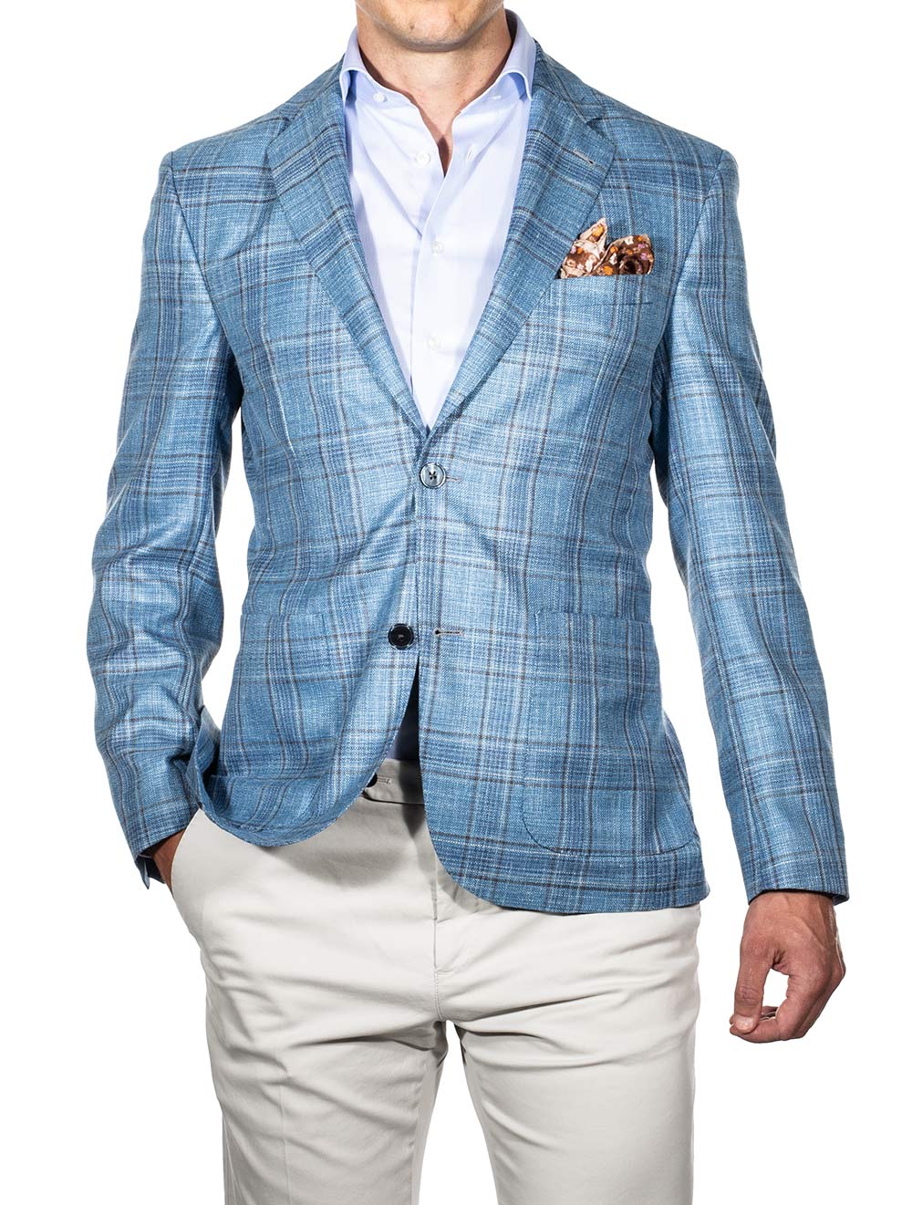 Louis Copeland Wool Silk Linen Check Jacket Blue MI