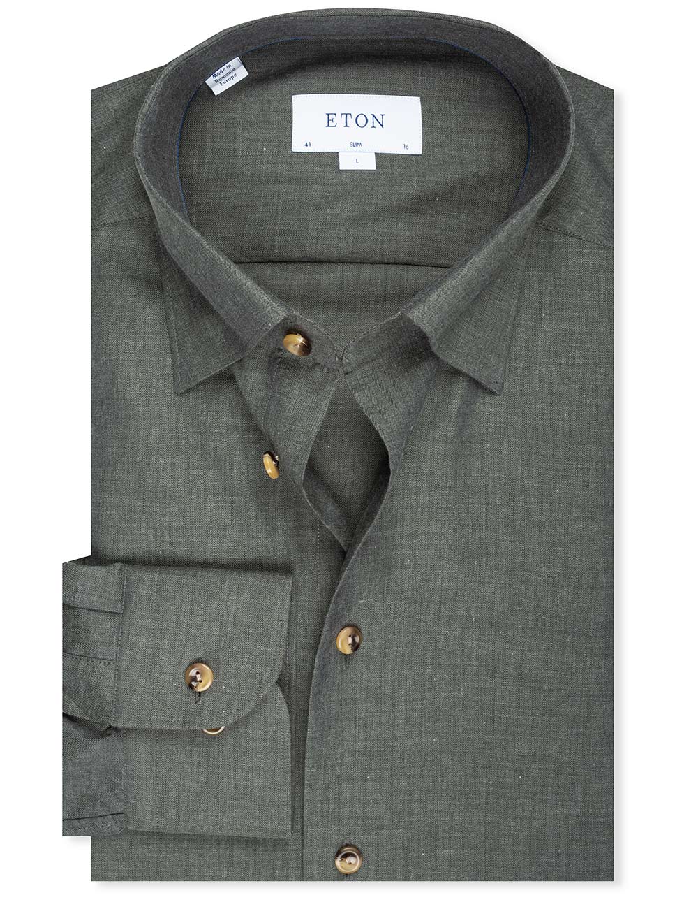 Eton Slim Fit Herringbone Flannel Shirt Green MI