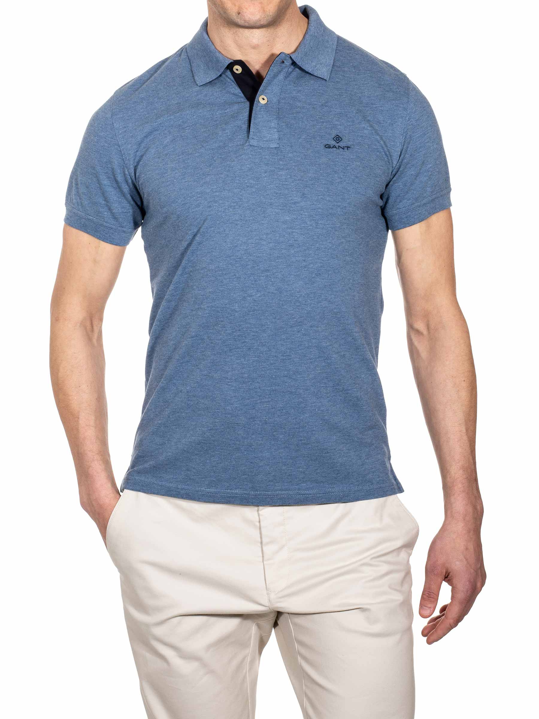 Gant Contrast Collar Pique Polo Shirt Denim Blue Mel MI