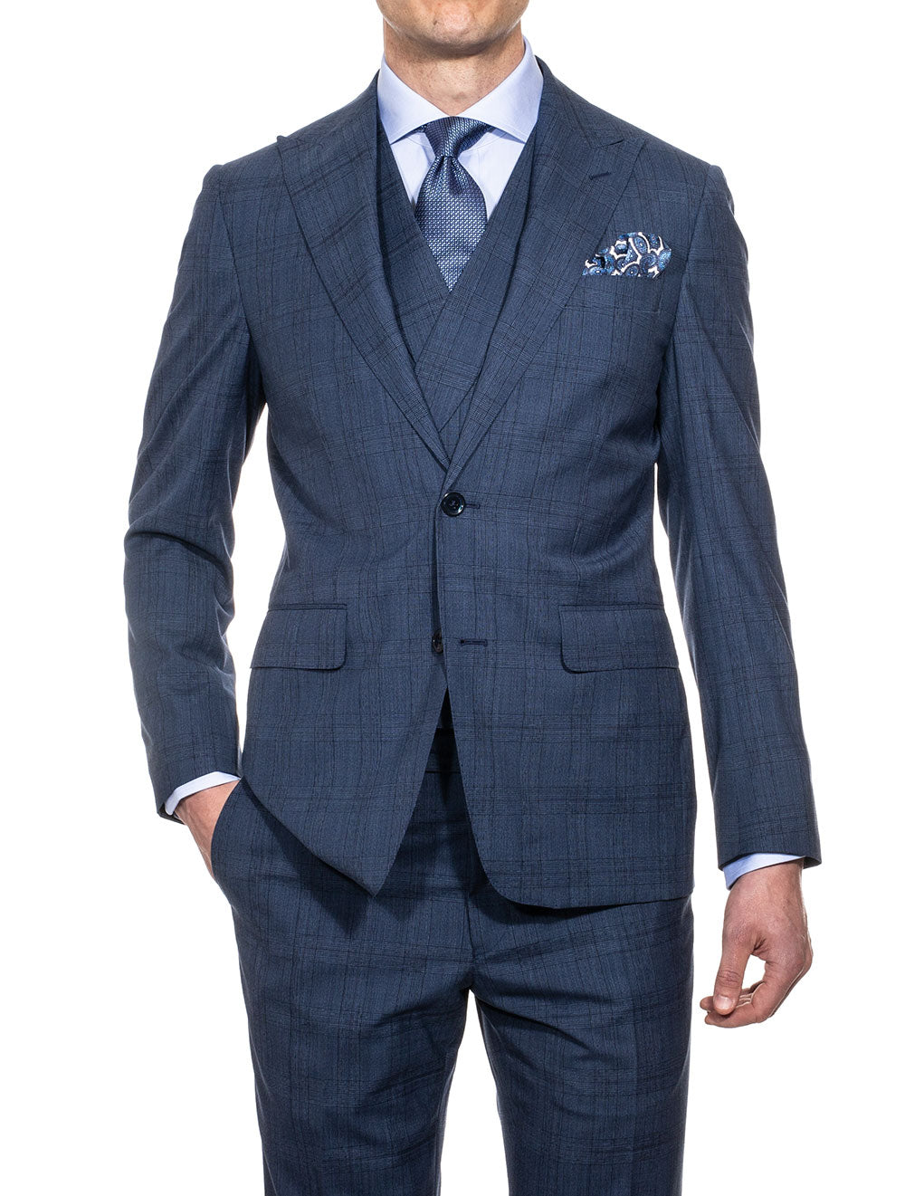 Louis Copeland Plaid Check Three Piece Suit Blue MI